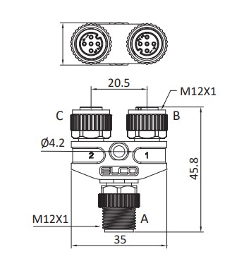 T-splitter, M12 A-code, 1x Male M12 5-pin to 2x Female M12 5-pin