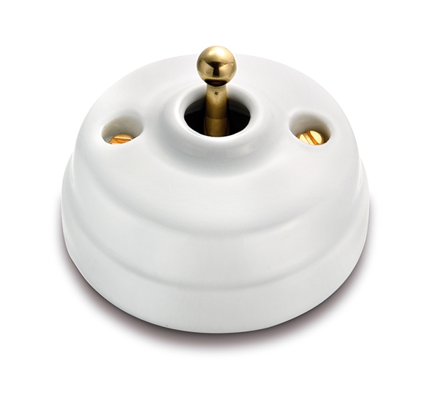 Dimbler interrupteur va-et-vient 10A/250V base et dome en porcelaine blanc/bouton or