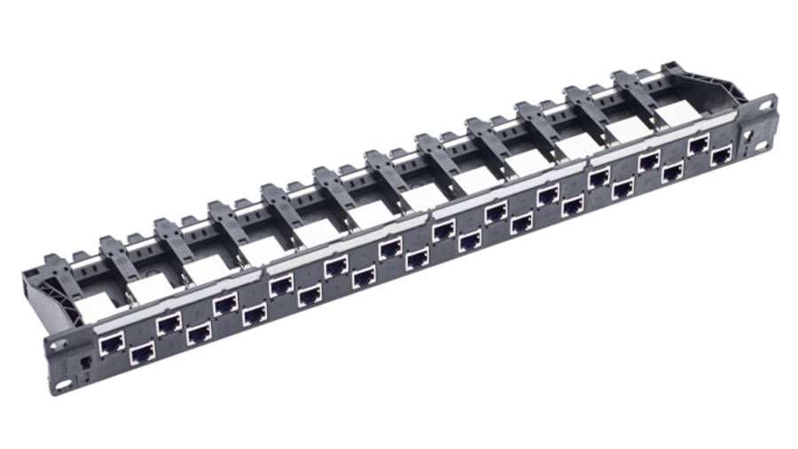 19" 1U PC patch panel 24xRJ45/s, R10 Cat.6, black, loaded