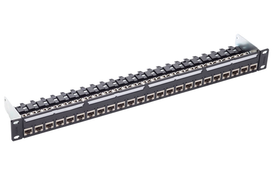 Panneau de brassage 19", 1U, 24xRJ45/s, Cat.6A, noir, rempli