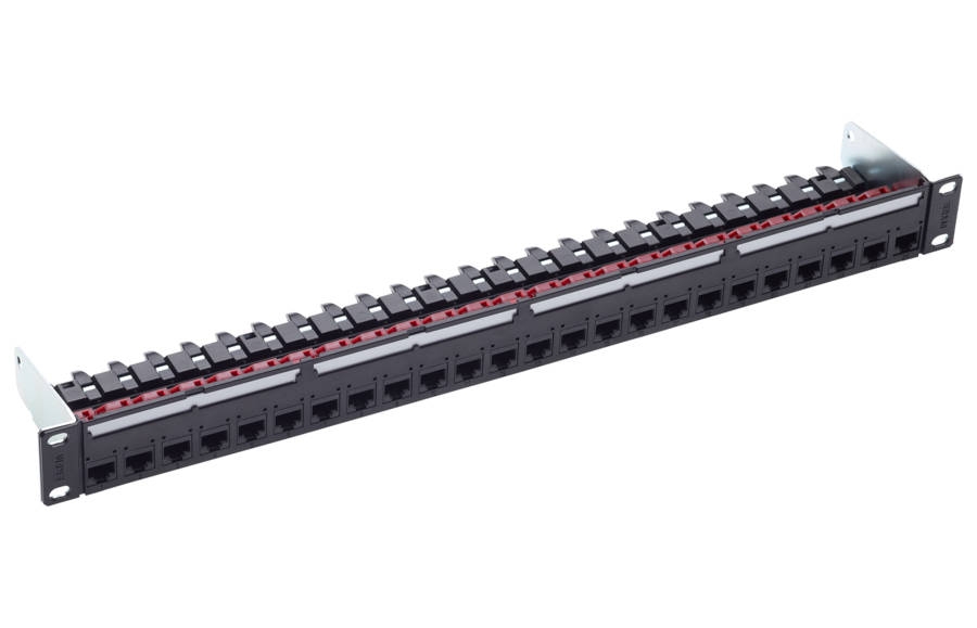 Panneau de brassage 19", 1U, 24xRJ45/u, Cat.6A, noir, rempli