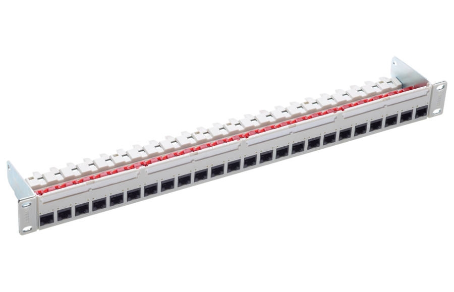 Panneau de brassage 19", 1U, 24xRJ45/u, Cat.6A, gris, rempli