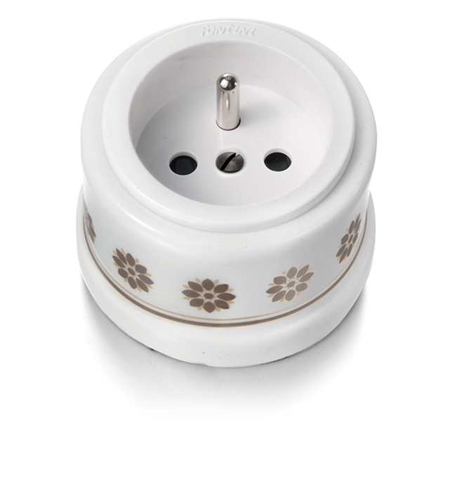 Garby prise de courant avec terre 16A/250V en porcelaine insert en plastique  décor marron/doré