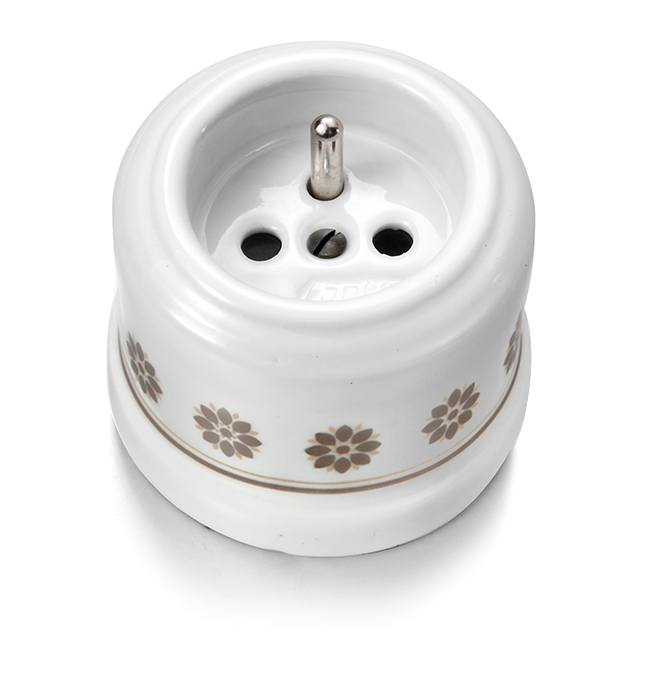 Garby prise de courant avec terre 16A/250V en porcelaine décor marron/doré