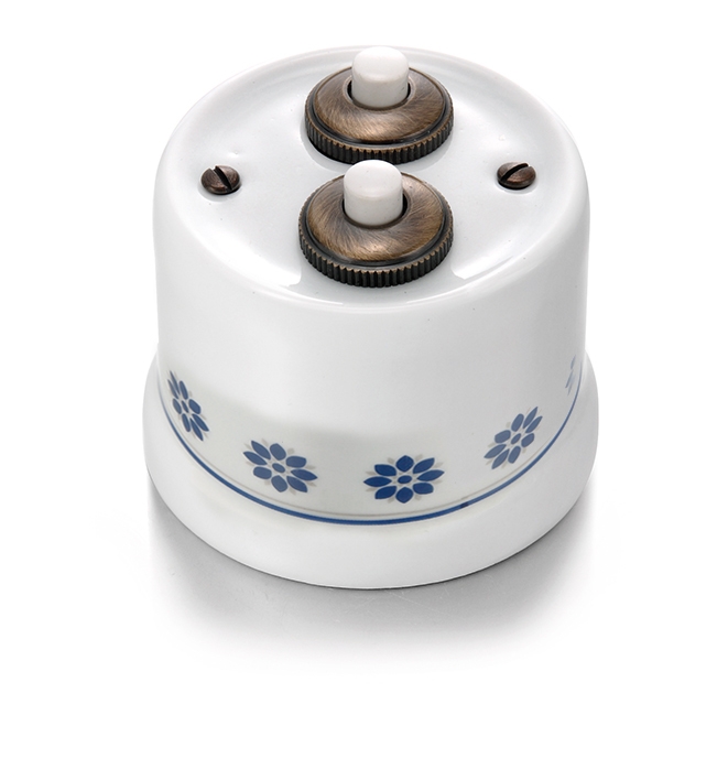 Garby dubbele drukknop 10A/250V AC, 24V DC porselein decoratie blauw/zilver