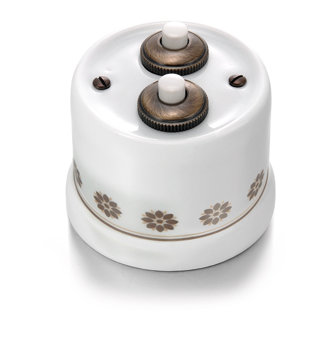 Garby double bouton poussoir 10A/250V AC, 24V DC porcelaine décor marron/doré