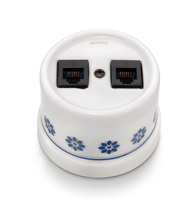 Garby dubbele telefoonaansluiting RJ12 porselein decoratie blauw/zilver
