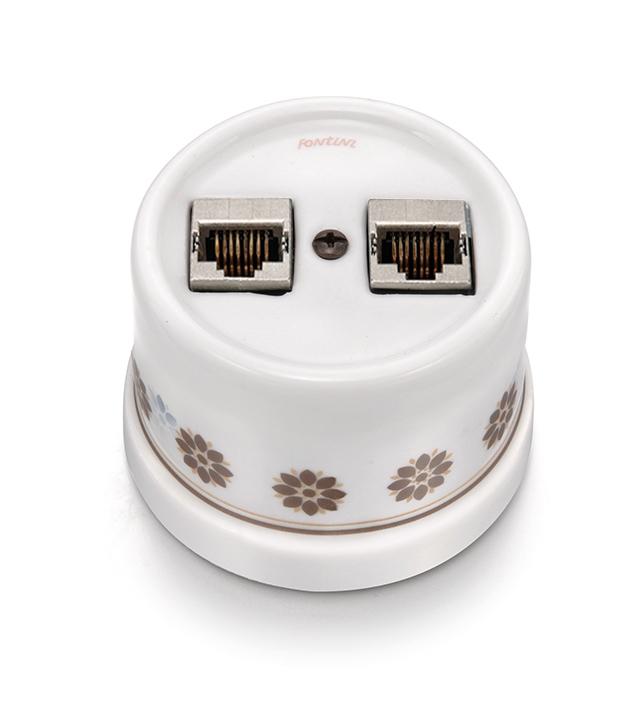 Garby dubbel stopcontact RJ45 Cat.6 porselein decoratie bruin/goud