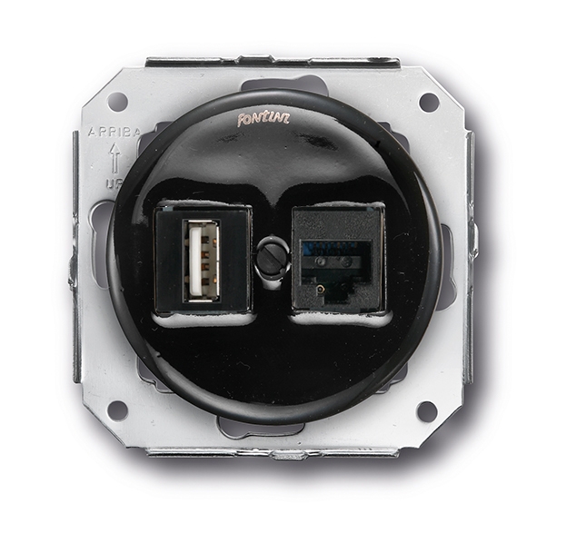 Garby Colonial double prise USB + RJ45 Cat.6 porcelaine noir