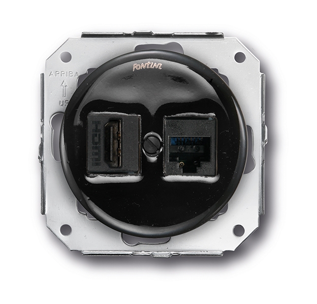 Garby Colonial double prise HDMI + RJ45 Cat.6 porcelaine noir