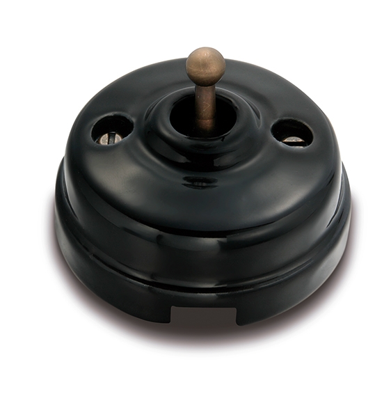 Dimbler kruisschakelaar 10A/250V basis, dome porselein zwart/knop brons