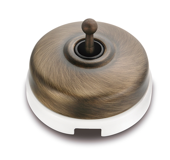 Dimbler kruisschakelaar 10A/250V basis porselein wit/knop, dome brons