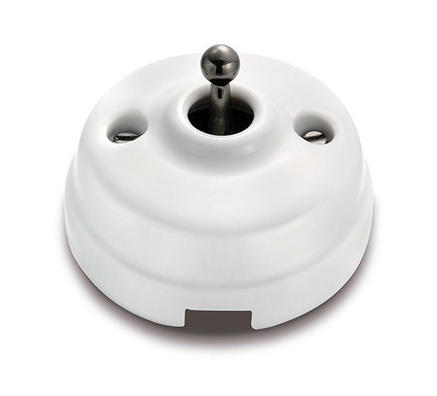 Dimbler interrupteur bipolaire 10A/250V, dome en porcelaine blanc/bouton noir nickelé