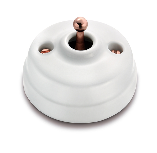 Dimbler interrupteur bipolaire 10A/250V base et dome en porcelaine blanc/bouton cuivre