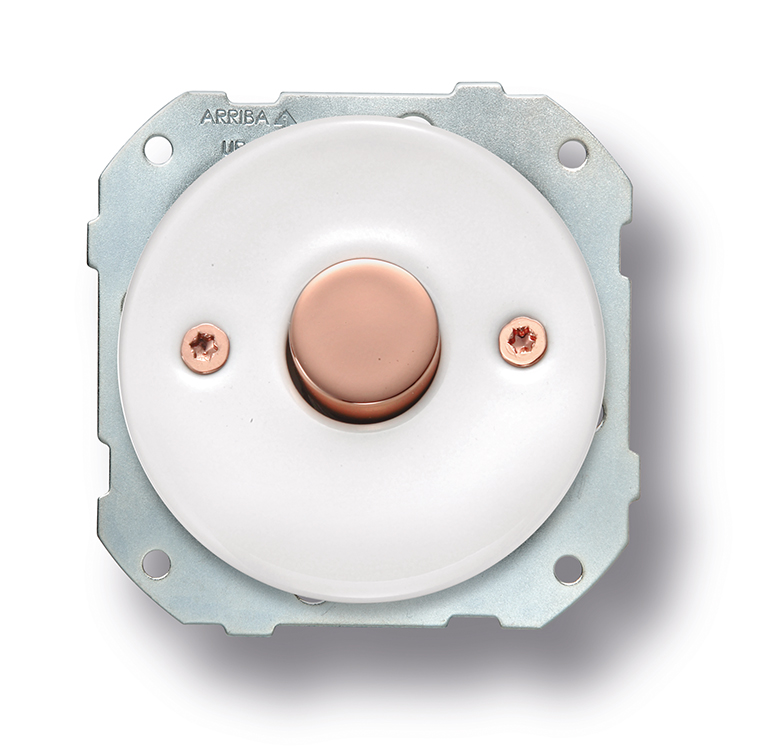 DO inbouw dimmerschakelaar voor LED 1-120W, gloeilampen en halogeen 10-300W, transfo 10-300W porselein wit, knop en schroeven koper