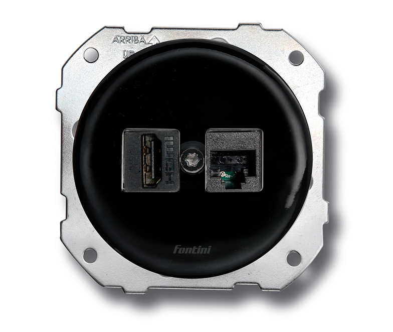 DO inbouw dubbele aansluitpoort HDMI + RJ45 CAT6 porselein zwart