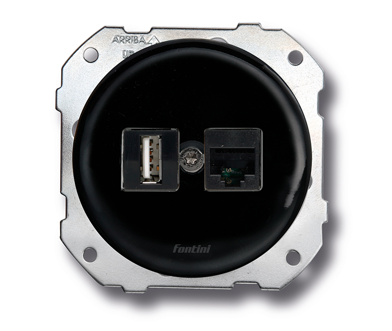 DO inbouw dubbele aansluitpoort USB A + RJ45 CAT6 porselein zwart