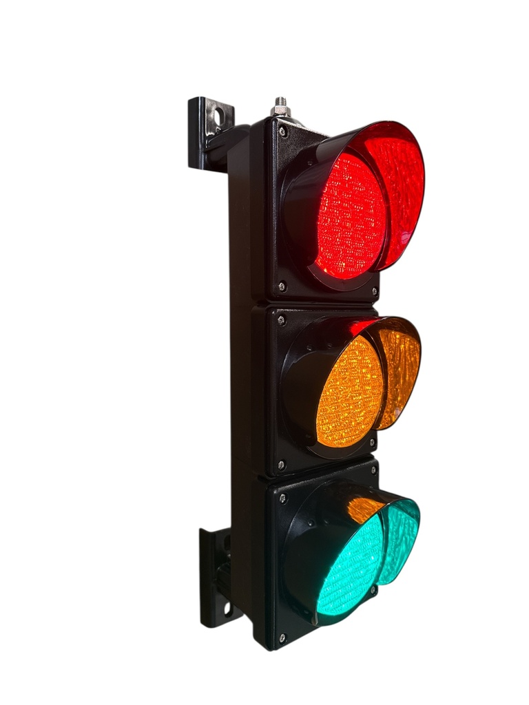 LED verkeerslicht │ 12-24V DC │ rood/oranje/groen │ zwarte behuizing │ kleurloze lenzen │ ø 100mm