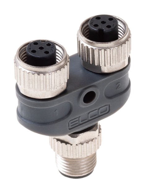 T-splitter, M12 A-code, 1x Male M12 5-pin to 2x Female M12 5-pin