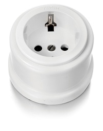 [30.204.17.2] Garby prise de courant avec contact latéral de terre Schuko 16A/250V en porcelaine avec tête de prise en plastique blanc
