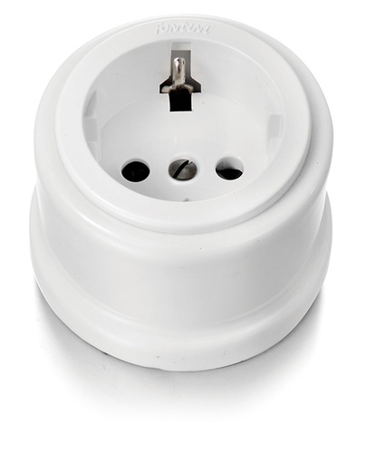 [30.204.17.2] Garby prise de courant avec contact latéral de terre Schuko 16A/250V en porcelaine avec tête de prise en plastique blanc