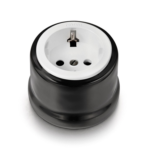[30.204.27.2] Garby prise de courant avec contact latéral de terre Schuko 16A/250V en porcelaine avec tête de prise en plastique noir