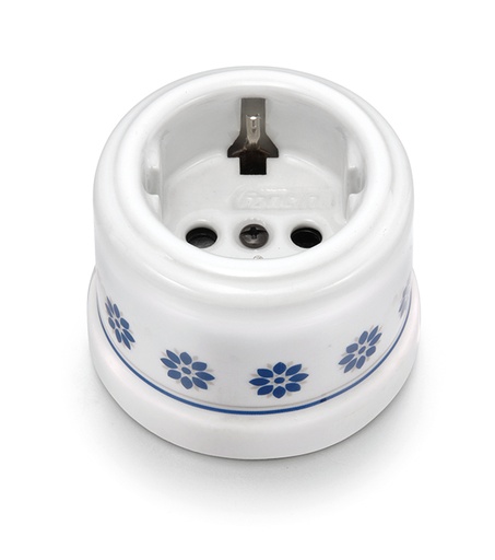 [30.202.61.2] Garby socket with side earth contact Schuko 16A/250V porcelain blue/silver decor