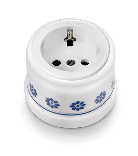 [30.204.61.2] Garby prise de courant avec contact latéral de terre Schuko 16A/250V en porcelaine avec tête de prise en plastique décor bleu/argent