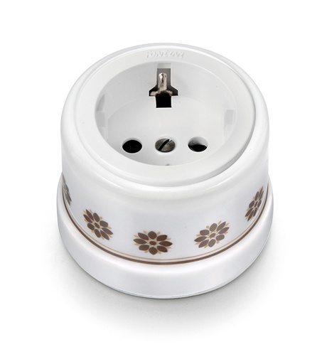 [30.204.63.2] Garby socket with side earth contact Schuko 16A/250V porcelain with insert in plastic brown/gold decor