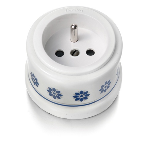 [30.208.61.2] Garby prise de courant avec terre 16A/250V en porcelaine insert en plastique  décor bleu/argent