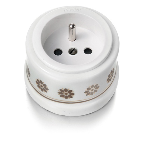 [30.208.63.2] Garby prise de courant avec terre 16A/250V en porcelaine insert en plastique  décor marron/doré