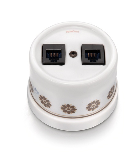 [30.706.63.2] Garby double prise de téléphone RJ12 porcelaine décor marron/doré
