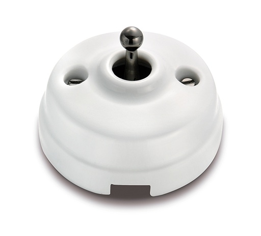 [60.314.41.2] Dimbler interrupteur bipolaire 10A/250V, dome en porcelaine blanc/bouton noir nickelé